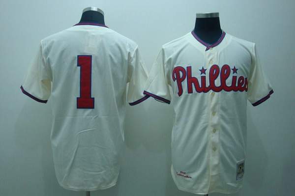 Mitchell and Ness Phillies #1 Richie Ashburn Stitched Cream Throwback MLB Jersey - Click Image to Close